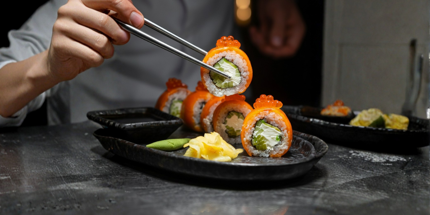 Fotografía editorial de un picnic de hanami, plato con sushi de colores, inspirado en la tradición japonesa para el menú Infinity
