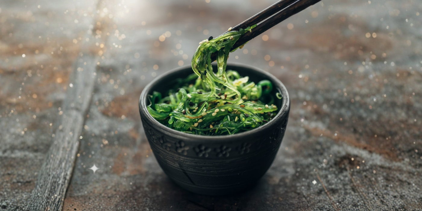 Bol de wakame; fondo claro y limpio. Representa el arranque sin gluten recomendado antes del sushi.