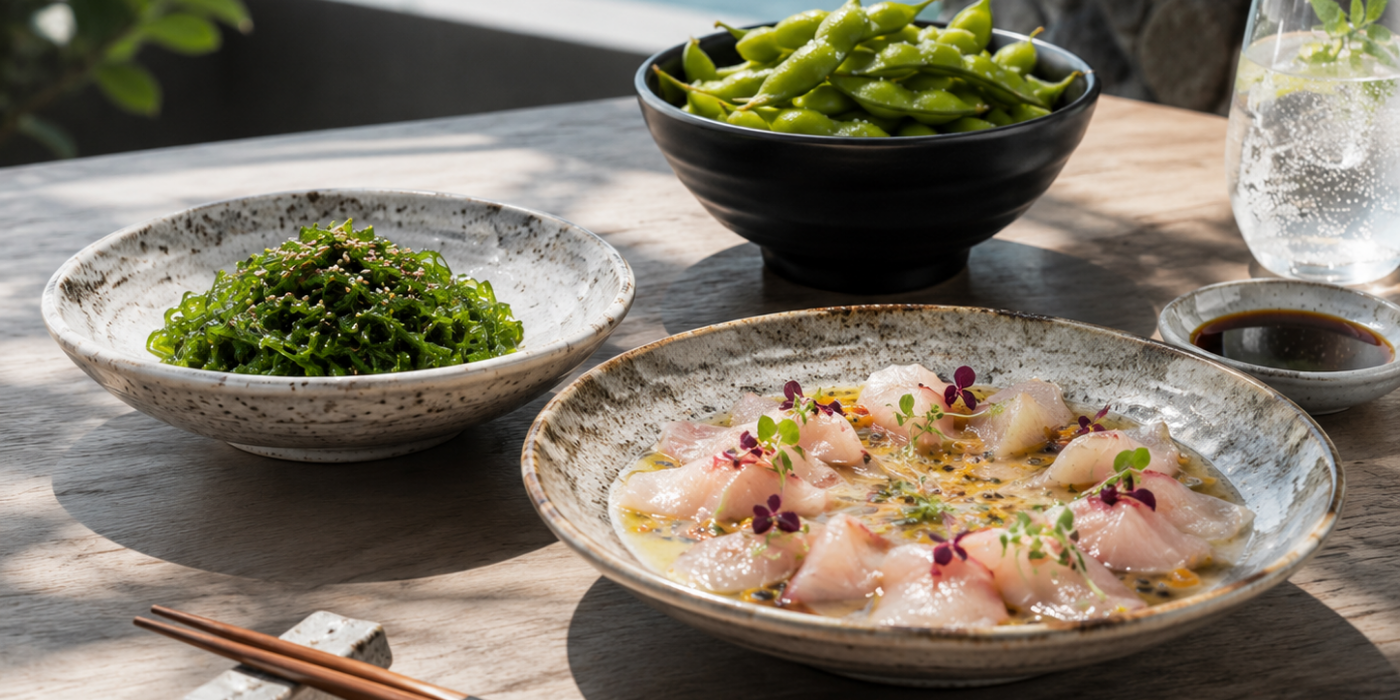 Imagen de entrantes ligeros con wakame, edamame y carpaccio, pensada para reforzar la idea de empezar el Menú Infinity con bocados frescos y suaves antes de pasar al sushi.