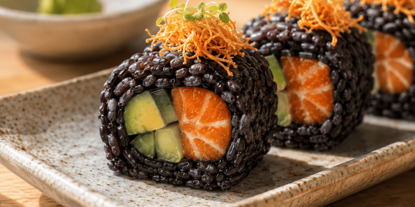Imagen de detalle centrada en piezas de black rice sushi, donde se aprecia el contraste entre el arroz negro, el salmón, el aguacate y el topping crujiente. Ideal para explicar el atractivo visual y sensorial del arroz negro.