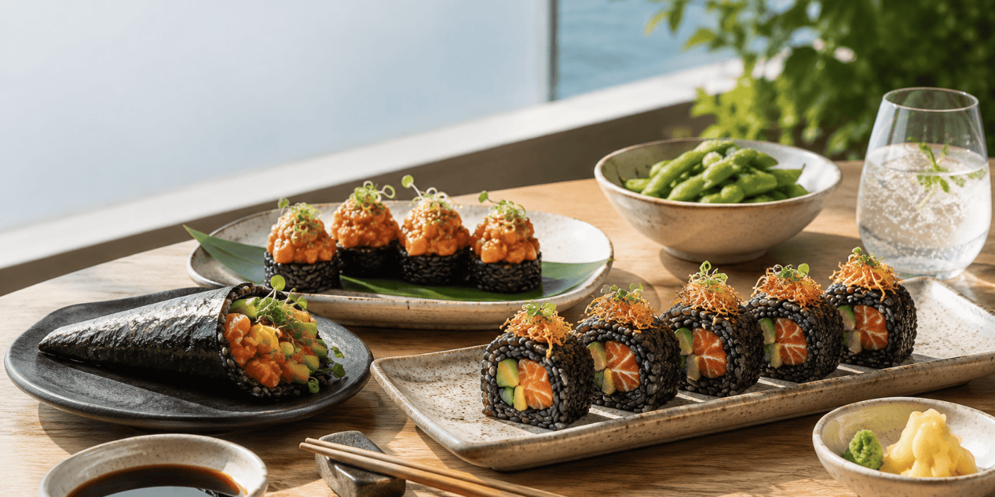magen principal del blog con una mesa de sushi de arroz negro, temaki, rollos con salmón y piezas tipo tartar. Refuerza la idea de contraste, textura y variedad dentro del Menú Infinity de Sushisom.