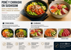 Infografía visual del blog con Poke Som, Poke de pollo, Chirashi mixto, Chirashi salmón y Chirashi tekka. Resume las opciones de poke bowl y chirashi disponibles en Sushisom, destacando su frescura, equilibrio y forma de disfrutarlos dentro del Menú Infin