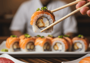 Imagen de una pieza de sushi sostenida con palillos, con varios rolls al fondo. Acompaña la sección del blog donde se explica el error de saturar el sushi con soja y la importancia de probar cada pieza con equilibrio para disfrutar mejor el Menú Infinity 