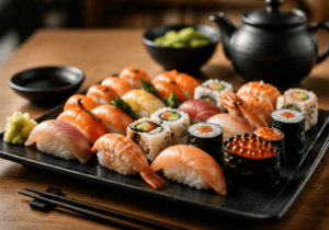 Imagen principal del blog con una bandeja de sushi variado, nigiris, makis, gunkan, soja, wasabi y palillos sobre una mesa de restaurante japonés. Introduce visualmente el artículo sobre cómo pedir sushi mejor, evitar errores comunes y disfrutar el Menú I