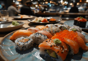 Muestra una mesa con pequeñas rondas de sushi y platos japoneses organizados con equilibrio. Acompaña la curiosidad sobre el ritmo de la mesa japonesa y refuerza la idea de pedir poco a poco dentro del Menú Infinity.