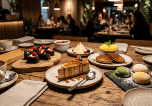 Imagen de una mesa de restaurante con varios postres de Sushisom servidos como dulce final, incluyendo opciones cremosas, chocolate, fruta y mochis. Refuerza la idea de cerrar la comida después del Menú Infinity con una selección variada de postres para c