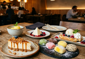 Imagen interna del blog con diferentes postres de la carta Sushisom colocados en una mesa de restaurante. Acompaña el bloque donde se habla de elegir el dulce final según la mesa, ya sea algo fresco, cremoso, goloso o para compartir.