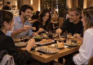 Imagen interna del blog con un grupo de amigos compartiendo sushi, platos calientes y entrantes en un restaurante japonés acogedor. Refuerza la idea de septiembre en Sushisom como un plan fácil para volver a quedar, pedir desde la mesa y disfrutar el Menú