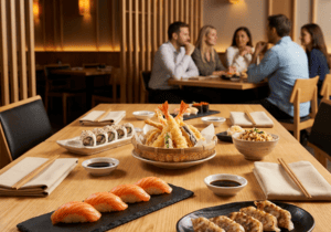 Imagen interna del blog con varias personas compartiendo sushi, tempura y otros platos japoneses en una mesa de Sushisom. Refuerza el concepto de sushi para compartir y la variedad del Menú Infinity cuando se disfruta en grupo.